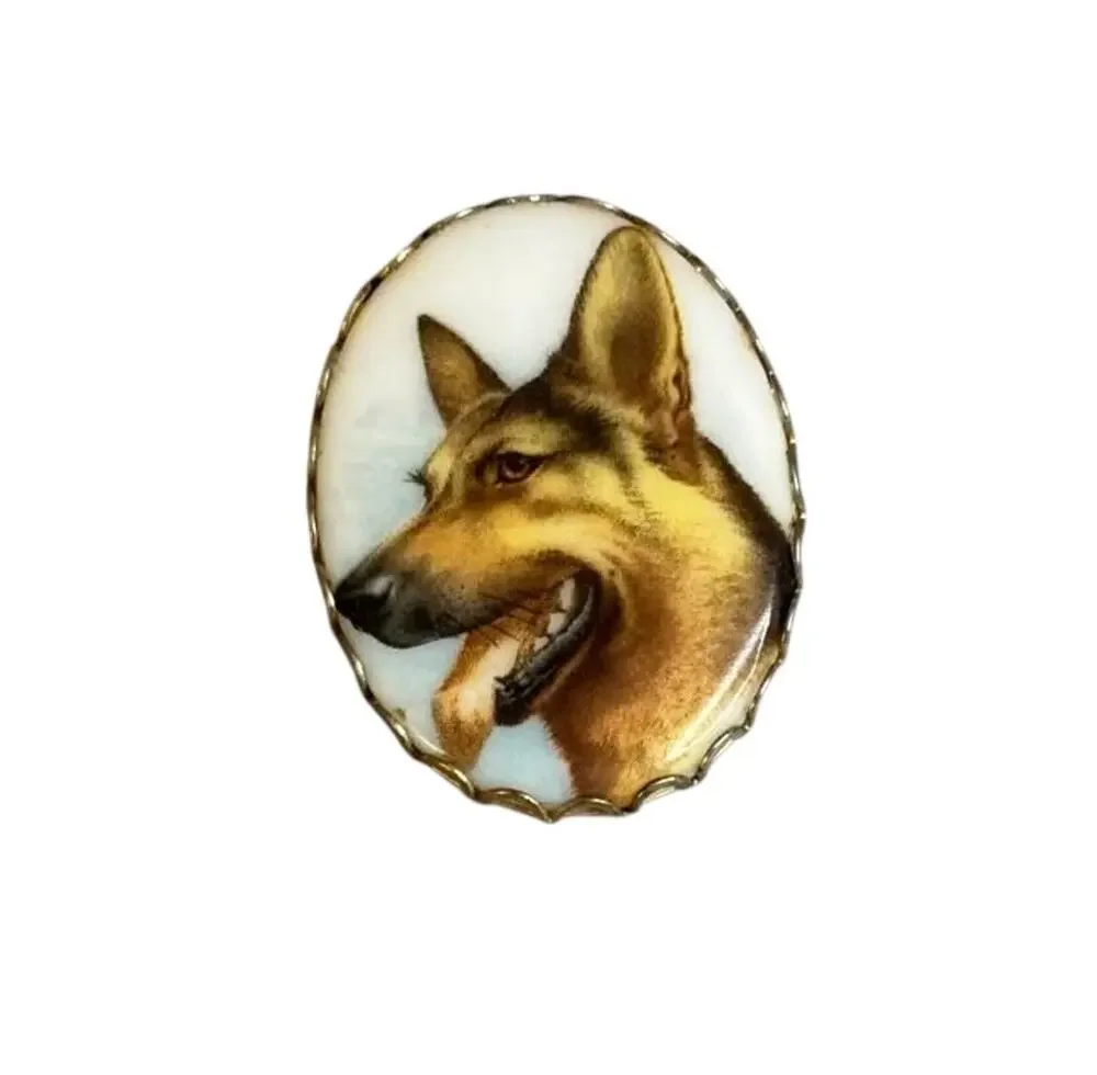 Vintage German Shepherd Dog Cameo Brooch Gold Tone Porcelain Pin